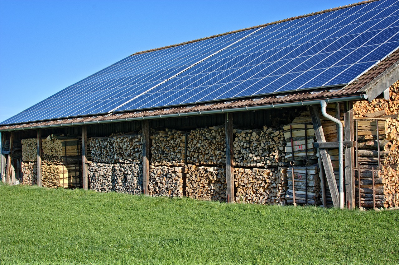 Solar panels on a wood storage shed
