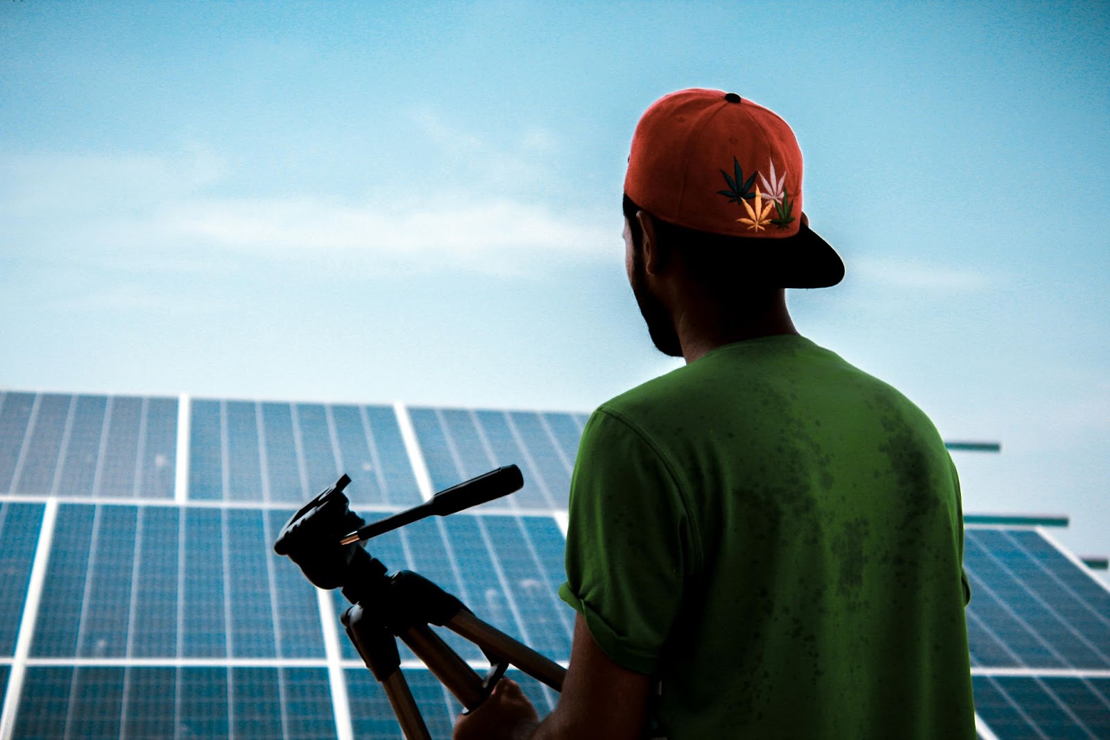 Man holding a camera tripod facing a solar array